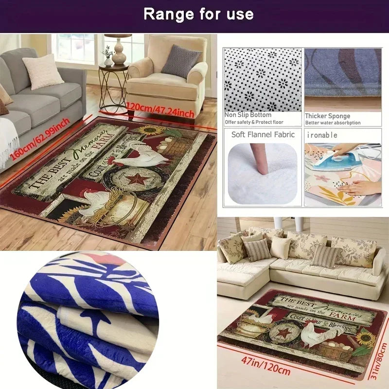 Floral Living Room Rugs - Large, Soft, Washable, Anti-Slip Mat