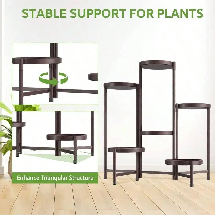 5 Tier Large Plant Stand Indoor With 10 Inch Wide Tray, Tiered Corner Metal Outdoor Flower Display Holder Shelf, Folding Tall Rack Patio Porch Living Room, Modern Black