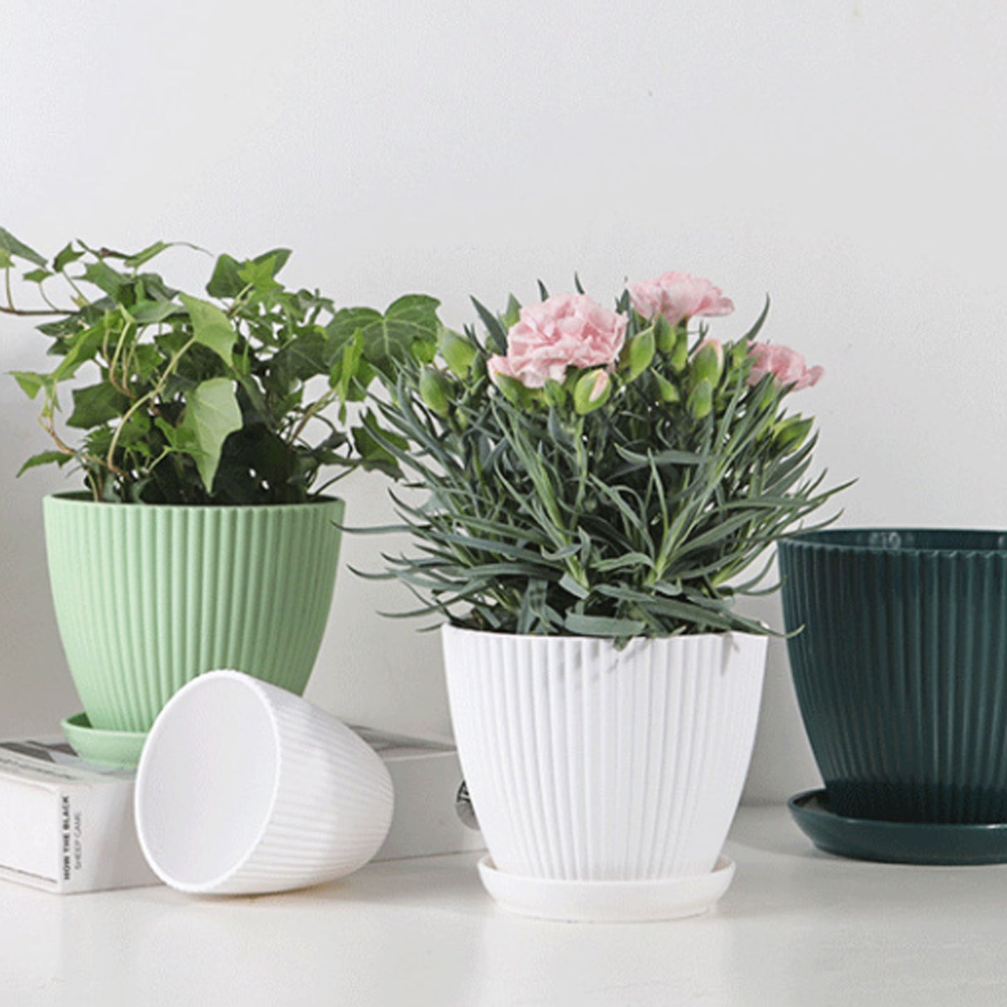 Green Dill Plastic Flower Pot - Double Layer with Tray