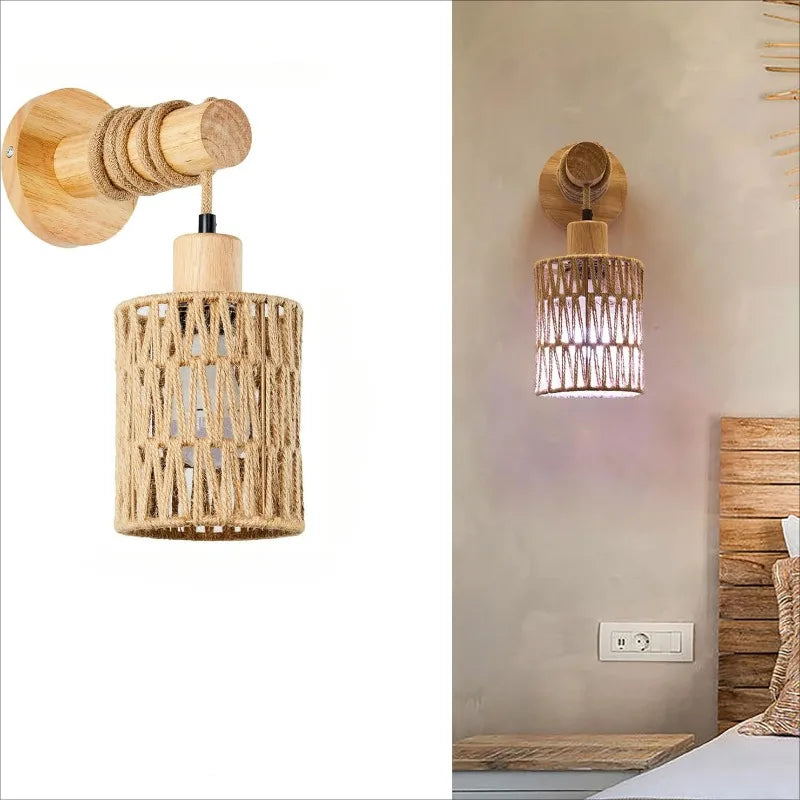 Wall Lamp: Farmhouse Hemp Rope Cylindrical Bedroom Light