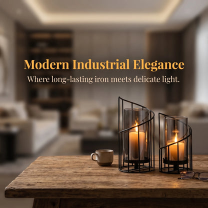2-Pack Black Spiral Geometric Glass Candle Holders Set Dried Flower Vase with Hurricane Lantern for Wedding Table Centerpiece