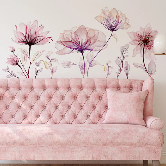 Pink Flowers Wall Stickers for Living Room Bedroom Background Wall Decor Girls's Room Home Decorative Stickers Wall Decals Mural