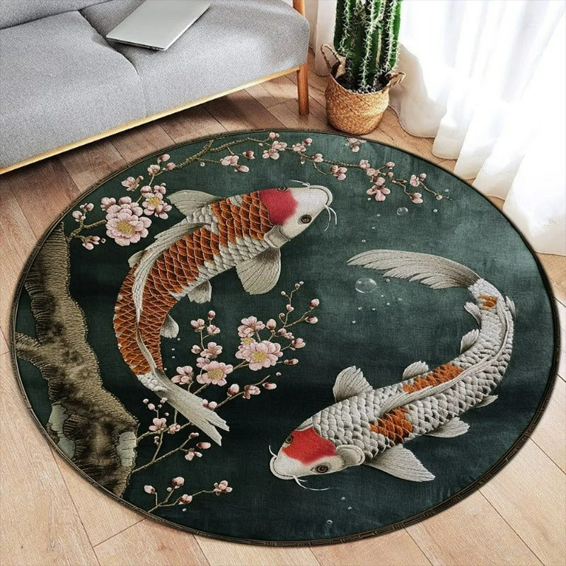 Area Rug: Lotus Flower Koi Round Carpet - Chinese Style Decor Rug