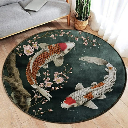 Area Rug: Lotus Flower Koi Round Carpet - Chinese Style Decor Rug