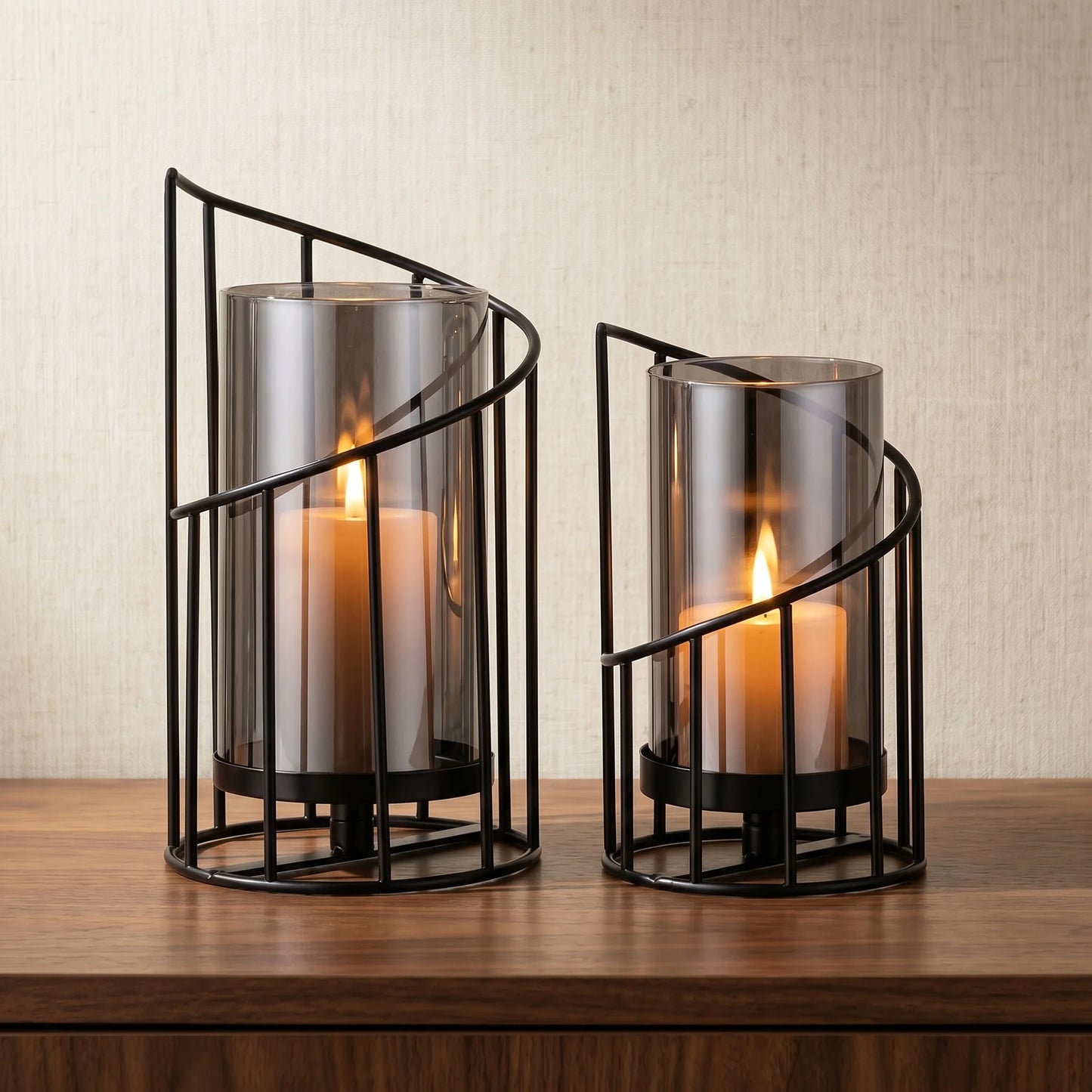 2-Pack Black Spiral Geometric Glass Candle Holders Set Dried Flower Vase with Hurricane Lantern for Wedding Table Centerpiece
