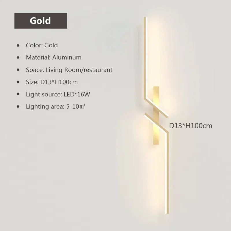 LED Wall Lamp Modern Minimalist Strip Wall Black Gold Wall Light for Bedroom Bedside Living Room TV Sofa Lobby Background Decor