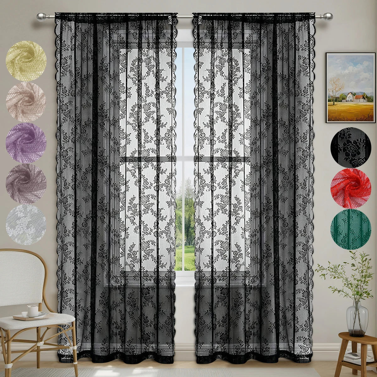 1pc Romantic Lace Sheer Curtain, Flower Lace Window Curtains for Living Room Bedroom Home Decor, Window Screening Rod Pocket