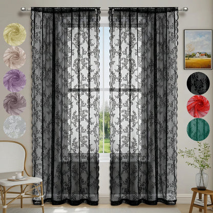1pc Romantic Lace Sheer Curtain, Flower Lace Window Curtains for Living Room Bedroom Home Decor, Window Screening Rod Pocket
