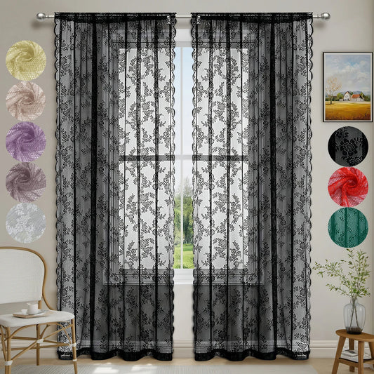 1pc Romantic Lace Sheer Curtain, Flower Lace Window Curtains for Living Room Bedroom Home Decor, Window Screening Rod Pocket