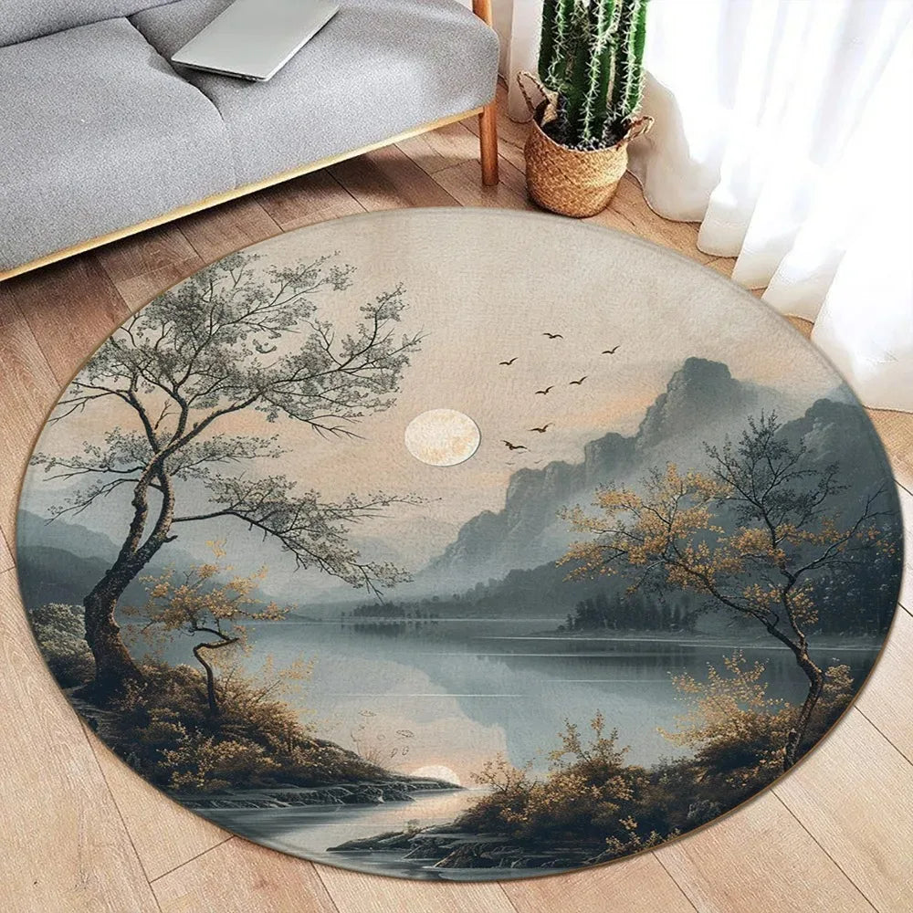 Area Rug: Lotus Flower Koi Round Carpet - Chinese Style Decor Rug