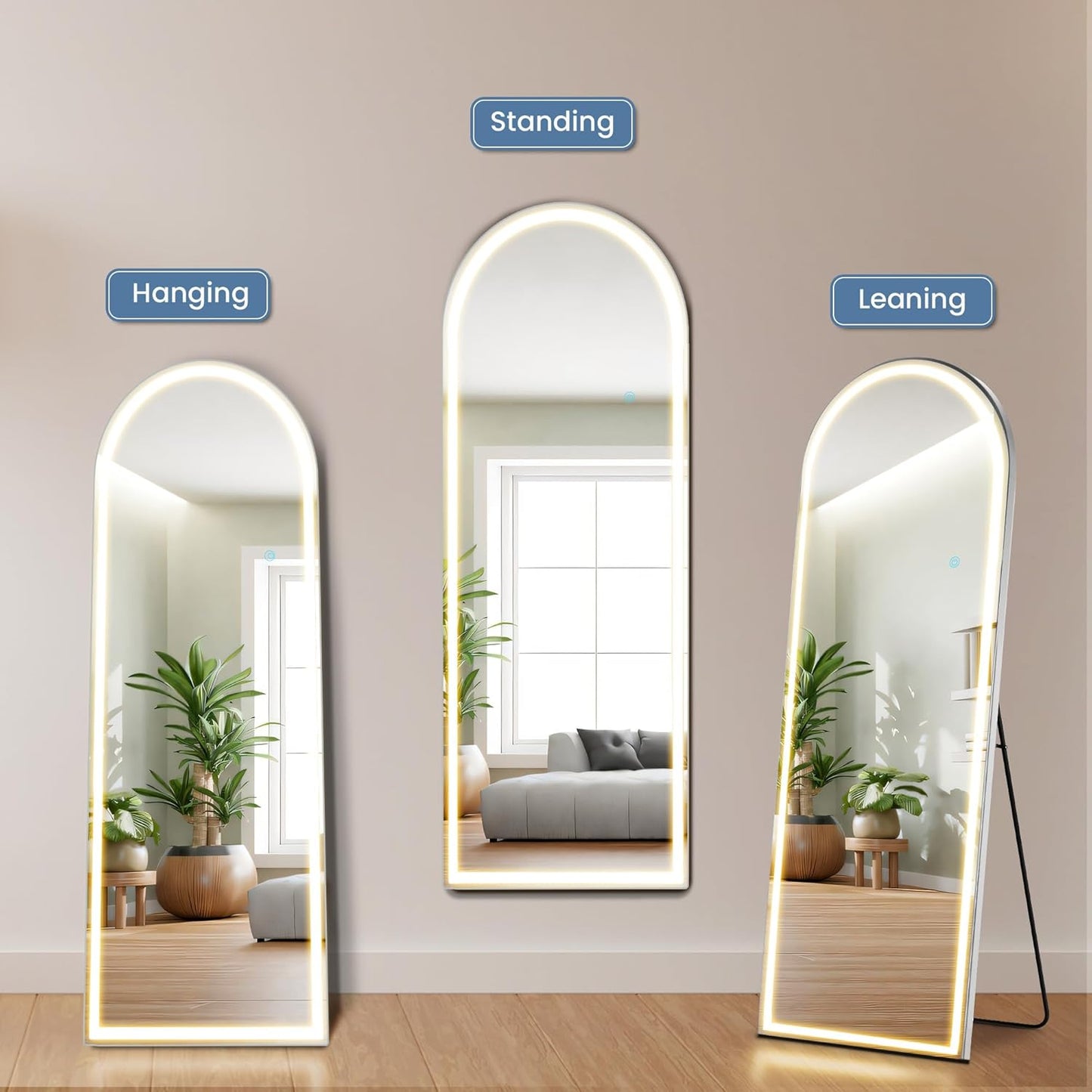 LED Full Length Arched Mirror - 3 Color Lighting, Wall Mount