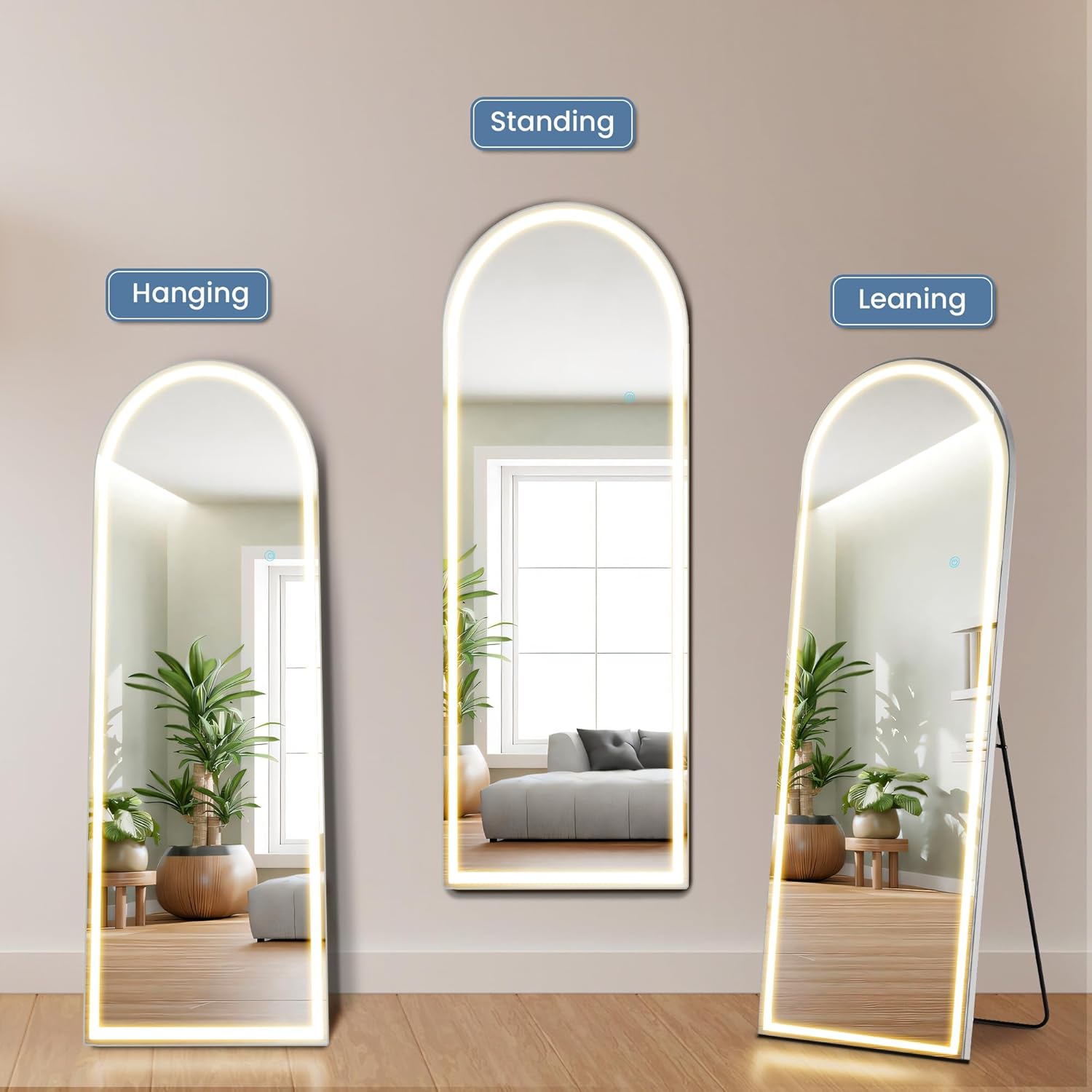 LED Full Length Arched Mirror - 3 Color Lighting, Wall Mount