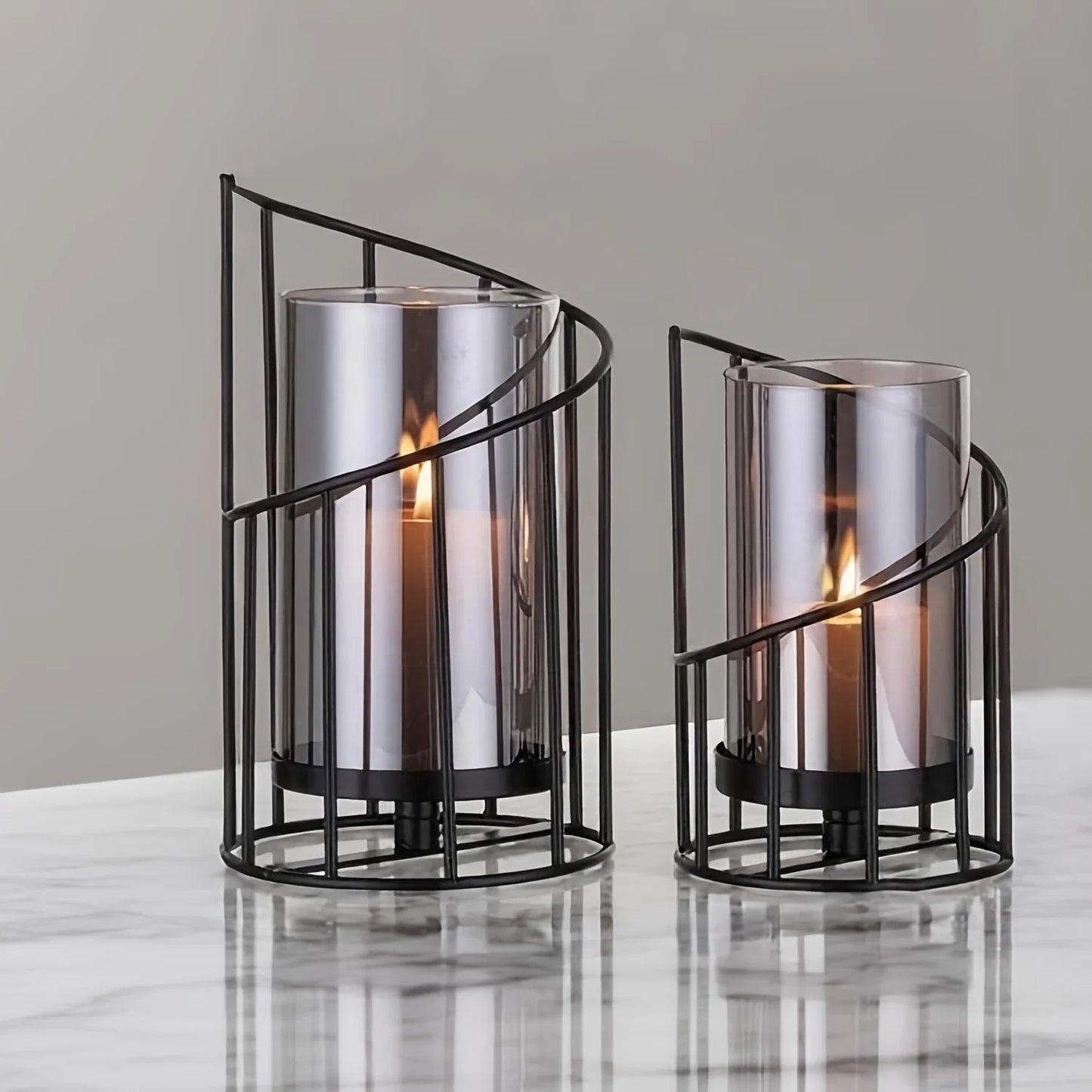 2-Pack Black Spiral Geometric Glass Candle Holders Set Dried Flower Vase with Hurricane Lantern for Wedding Table Centerpiece