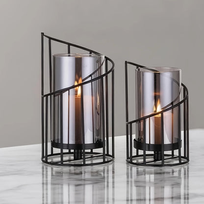 2-Pack Black Spiral Geometric Glass Candle Holders Set Dried Flower Vase with Hurricane Lantern for Wedding Table Centerpiece