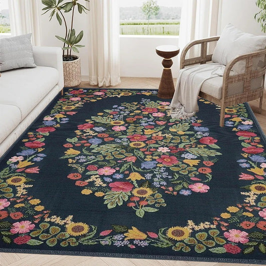 Floral Living Room Rugs - Large, Soft, Washable, Anti-Slip Mat