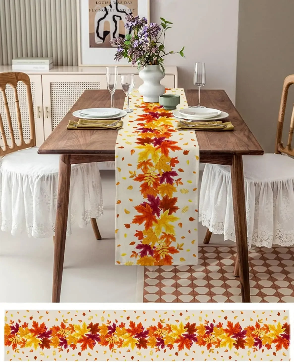 Table Linen: Thanksgiving Maple Leaf Table Runner - Washable Linen Decor