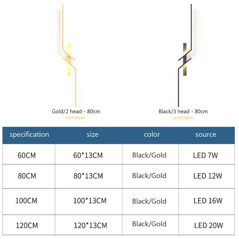 LED Wall Lamp Modern Minimalist Strip Wall Black Gold Wall Light for Bedroom Bedside Living Room TV Sofa Lobby Background Decor