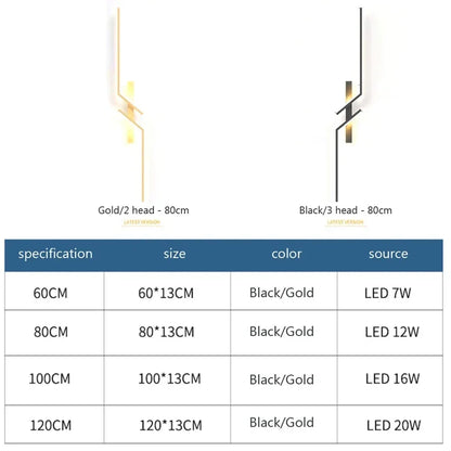 LED Wall Lamp Modern Minimalist Strip Wall Black Gold Wall Light for Bedroom Bedside Living Room TV Sofa Lobby Background Decor