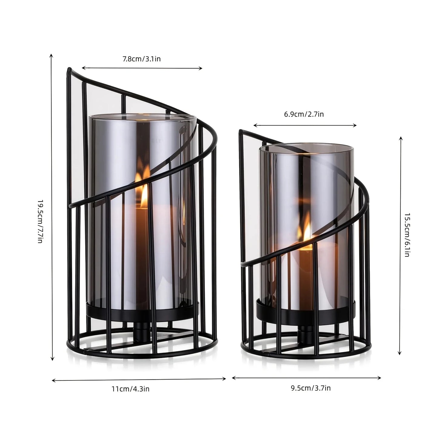 2-Pack Black Spiral Geometric Glass Candle Holders Set Dried Flower Vase with Hurricane Lantern for Wedding Table Centerpiece