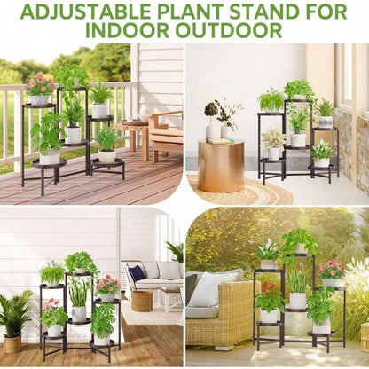 5 Tier Large Plant Stand Indoor With 10 Inch Wide Tray, Tiered Corner Metal Outdoor Flower Display Holder Shelf, Folding Tall Rack Patio Porch Living Room, Modern Black