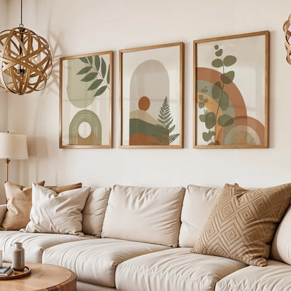 3pcs Frameless,Olive Green and Orange Fern Prints,Bohemian Abstract Floral Canvas Artwork, Unique and Imaginative Aesthetic Wall Decor
