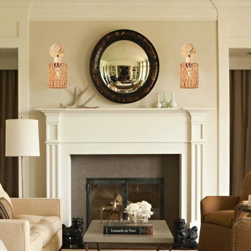 Wall Lamp: Farmhouse Hemp Rope Cylindrical Bedroom Light