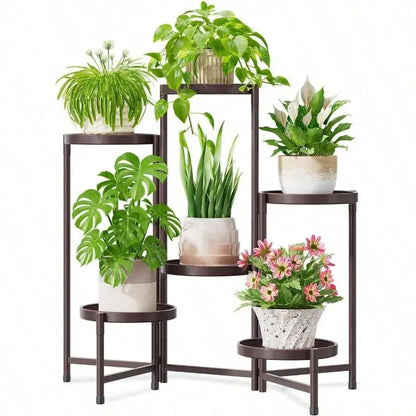 5 Tier Large Plant Stand Indoor With 10 Inch Wide Tray, Tiered Corner Metal Outdoor Flower Display Holder Shelf, Folding Tall Rack Patio Porch Living Room, Modern Black