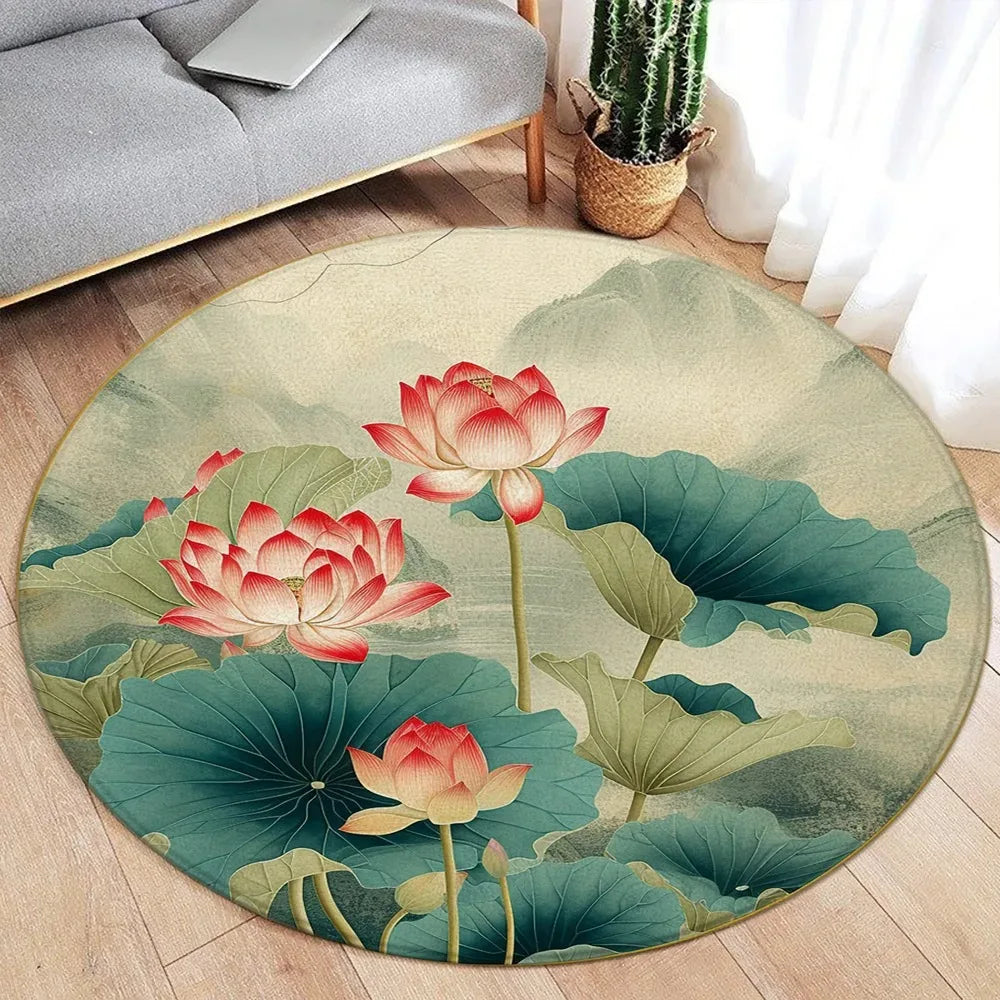 Area Rug: Lotus Flower Koi Round Carpet - Chinese Style Decor Rug