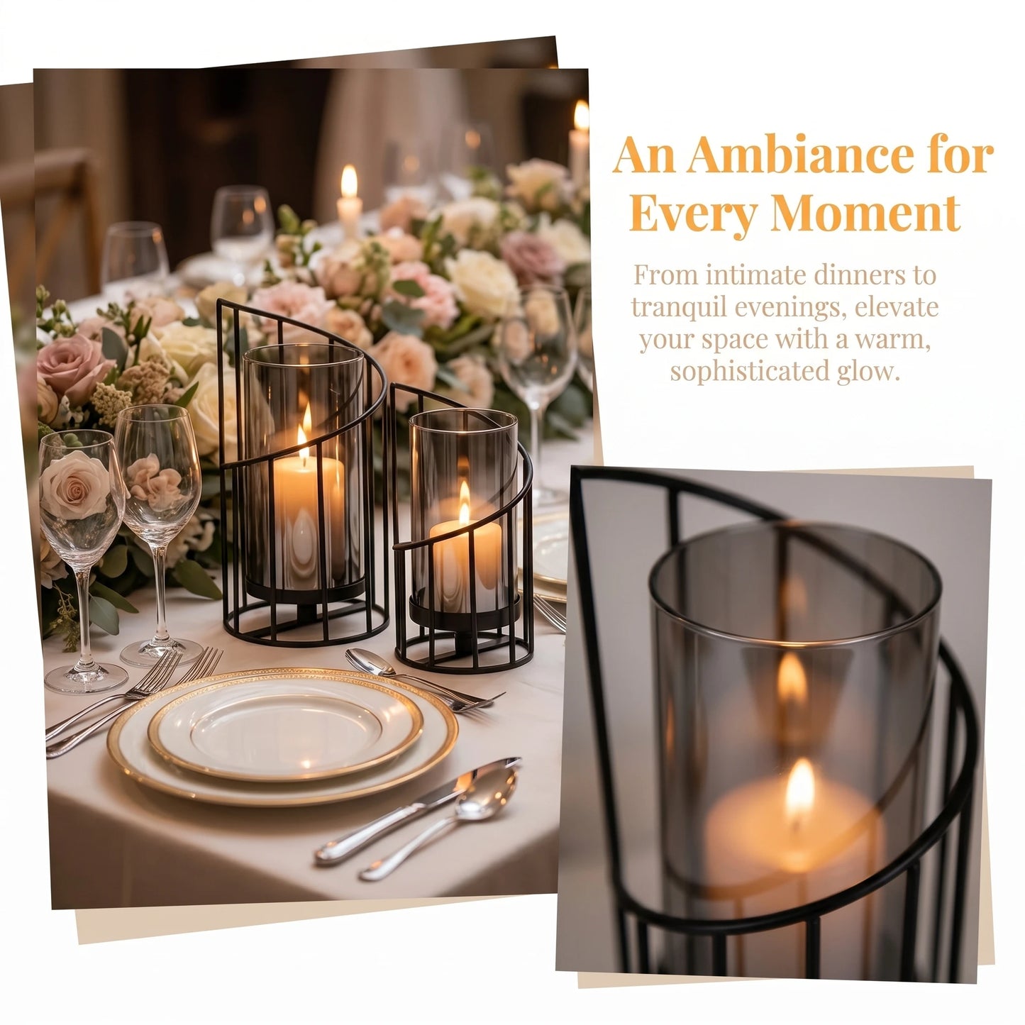 2-Pack Black Spiral Geometric Glass Candle Holders Set Dried Flower Vase with Hurricane Lantern for Wedding Table Centerpiece