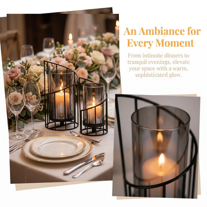 2-Pack Black Spiral Geometric Glass Candle Holders Set Dried Flower Vase with Hurricane Lantern for Wedding Table Centerpiece