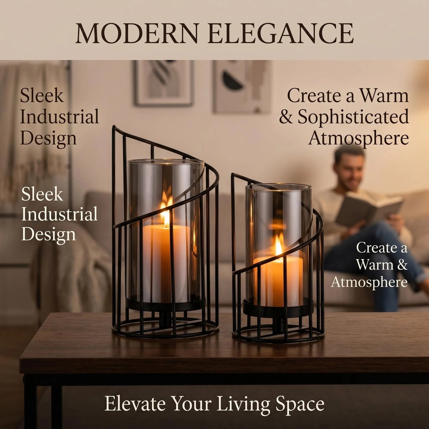 2-Pack Black Spiral Geometric Glass Candle Holders Set Dried Flower Vase with Hurricane Lantern for Wedding Table Centerpiece