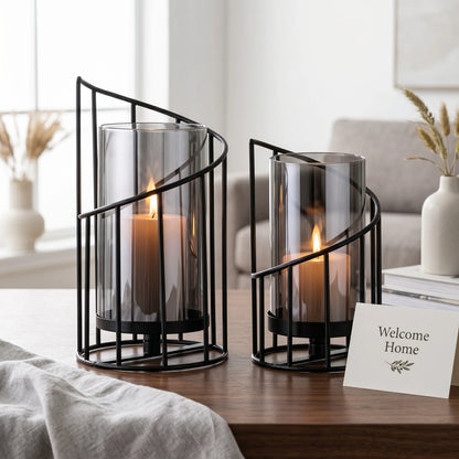 2-Pack Black Spiral Geometric Glass Candle Holders Set Dried Flower Vase with Hurricane Lantern for Wedding Table Centerpiece