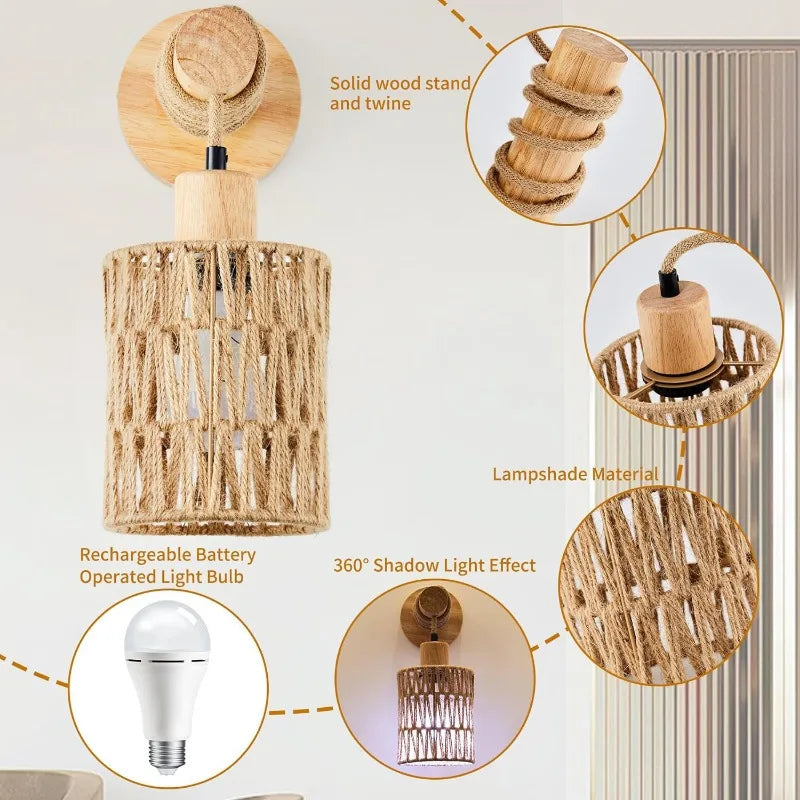 Wall Lamp: Farmhouse Hemp Rope Cylindrical Bedroom Light