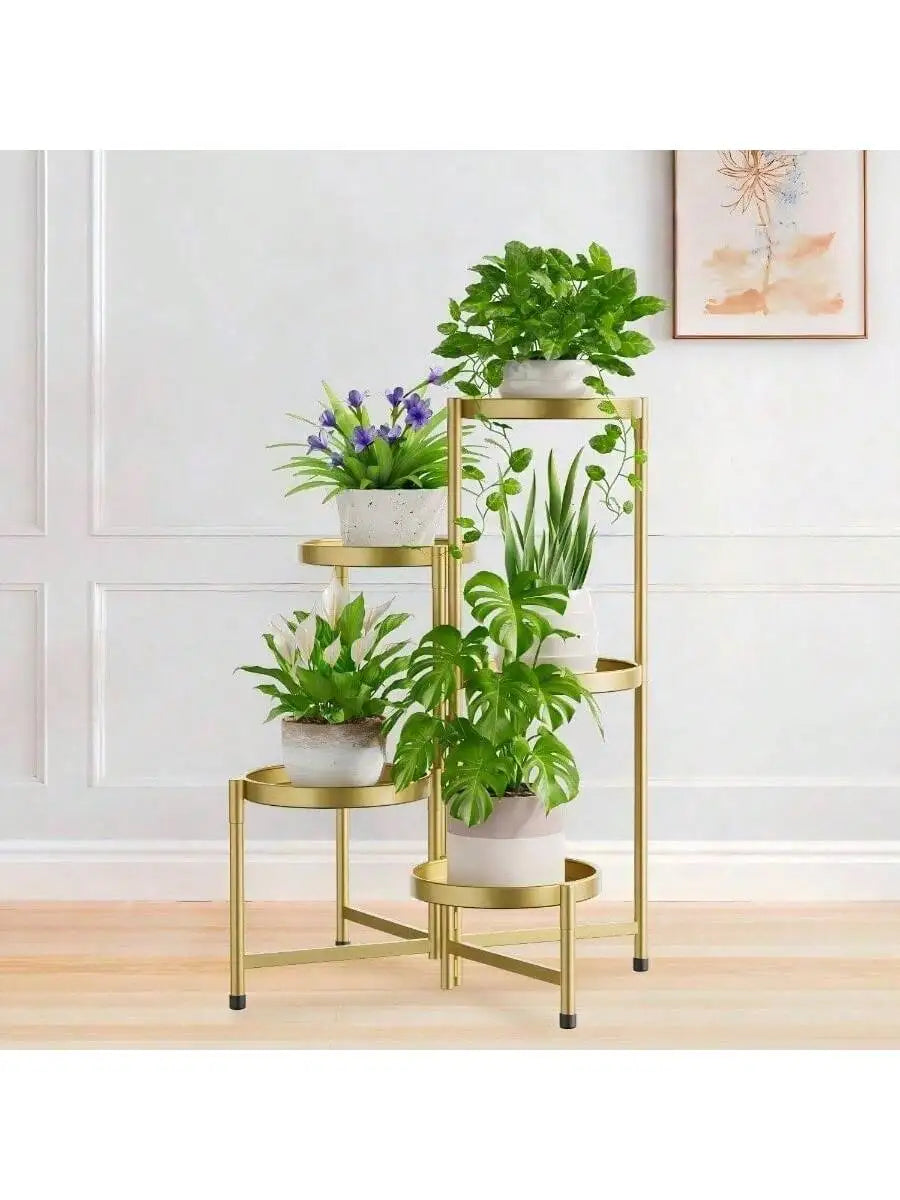 5 Tier Large Plant Stand Indoor With 10 Inch Wide Tray, Tiered Corner Metal Outdoor Flower Display Holder Shelf, Folding Tall Rack Patio Porch Living Room, Modern Black