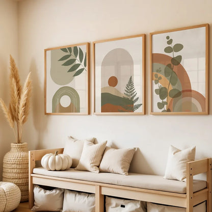 3pcs Frameless,Olive Green and Orange Fern Prints,Bohemian Abstract Floral Canvas Artwork, Unique and Imaginative Aesthetic Wall Decor