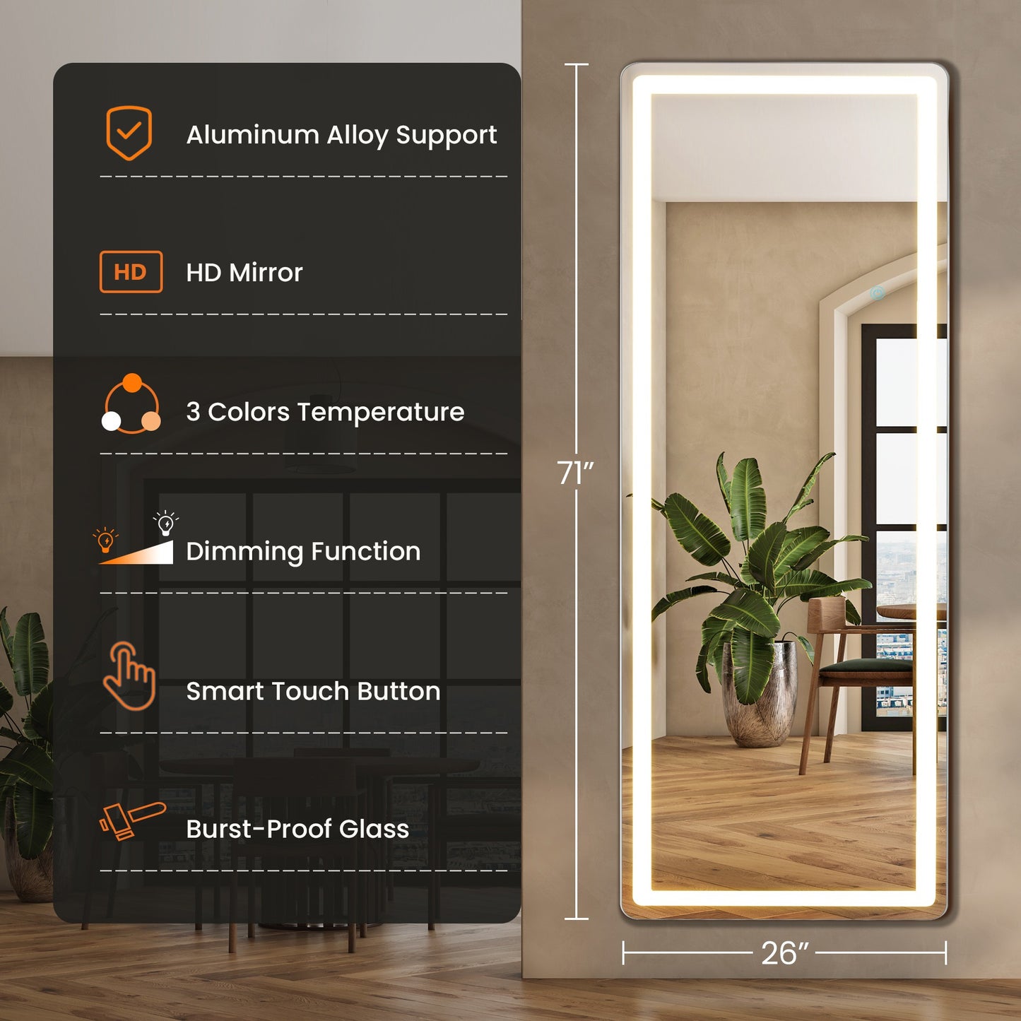 LED Full Length Floor Mirror: Arched/Rectangular, Floor & Wall Use