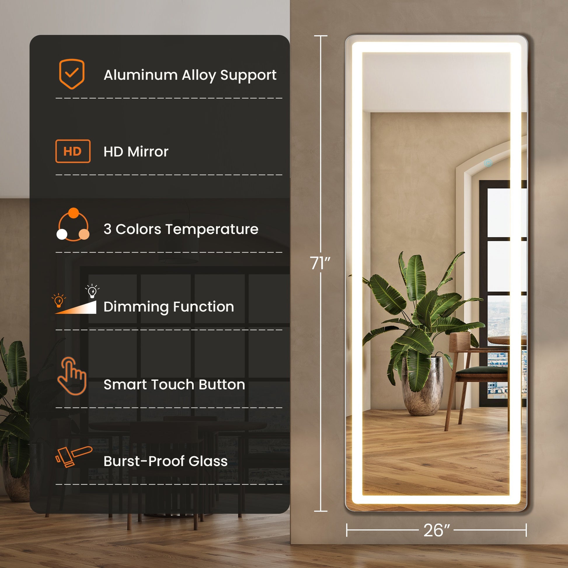 LED Full Length Floor Mirror: Arched/Rectangular, Floor & Wall Use