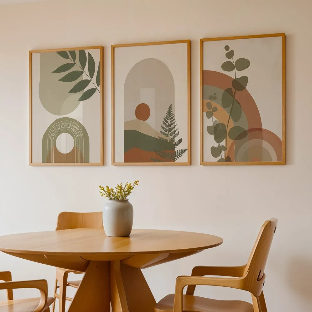 3pcs Frameless,Olive Green and Orange Fern Prints,Bohemian Abstract Floral Canvas Artwork, Unique and Imaginative Aesthetic Wall Decor
