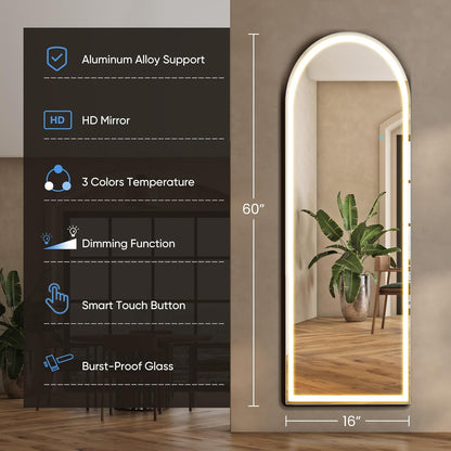 LED Full Length Arched Mirror - 3 Color Lighting, Wall Mount