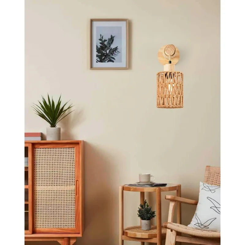 Wall Lamp: Farmhouse Hemp Rope Cylindrical Bedroom Light