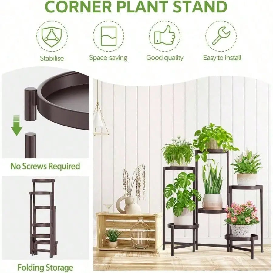 5 Tier Large Plant Stand Indoor With 10 Inch Wide Tray, Tiered Corner Metal Outdoor Flower Display Holder Shelf, Folding Tall Rack Patio Porch Living Room, Modern Black