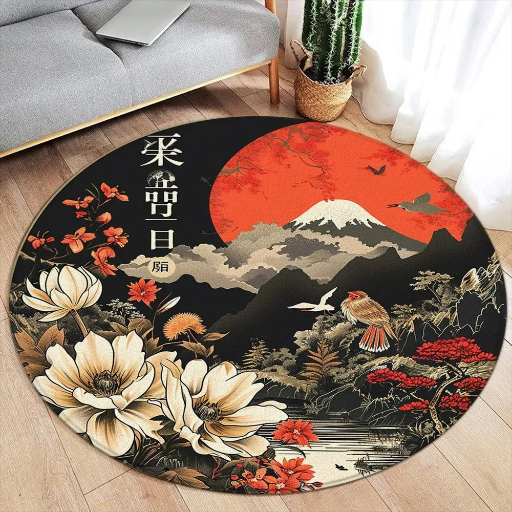 Area Rug: Lotus Flower Koi Round Carpet - Chinese Style Decor Rug