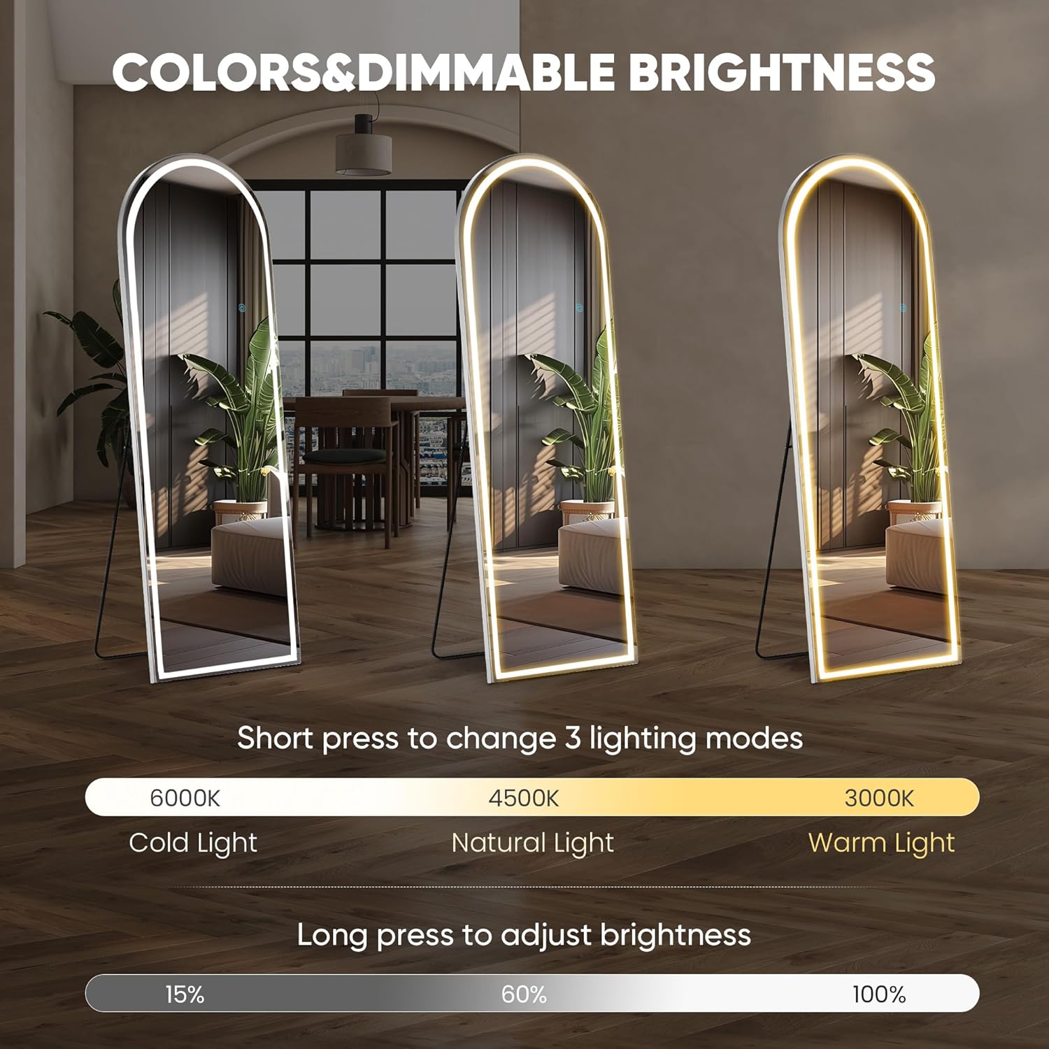 LED Full Length Arched Mirror - 3 Color Lighting, Wall Mount