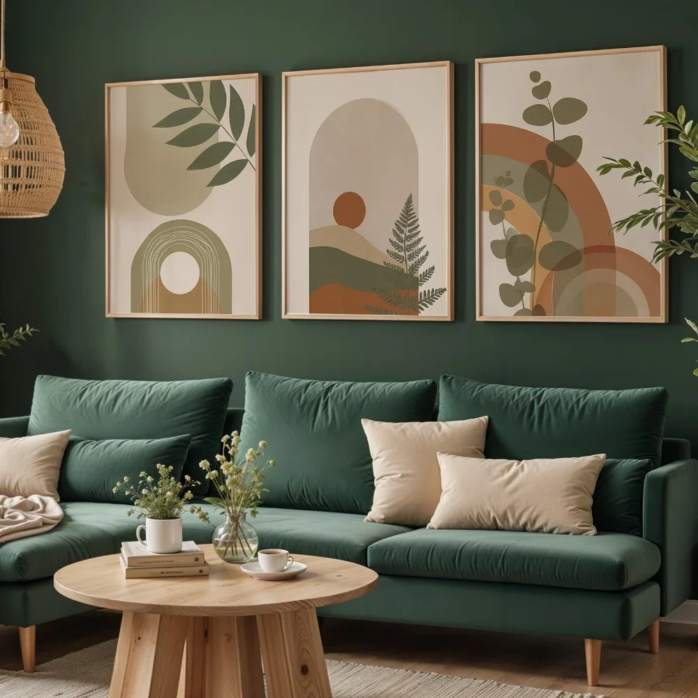 3pcs Frameless,Olive Green and Orange Fern Prints,Bohemian Abstract Floral Canvas Artwork, Unique and Imaginative Aesthetic Wall Decor