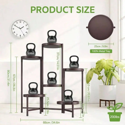 5 Tier Large Plant Stand Indoor With 10 Inch Wide Tray, Tiered Corner Metal Outdoor Flower Display Holder Shelf, Folding Tall Rack Patio Porch Living Room, Modern Black